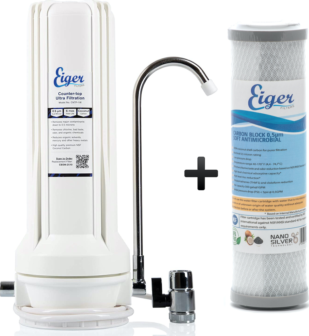 Eiger Countertop Συσκευή Φίλτρου Νερού Άνω Πάγκου Μονή με Ανταλλακτικό Φίλτρο Eiger Carbon Block Soft Antimicrobial 0.5 μm